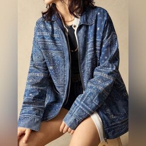 Bandana Print Denim Zip Jacket - Blue